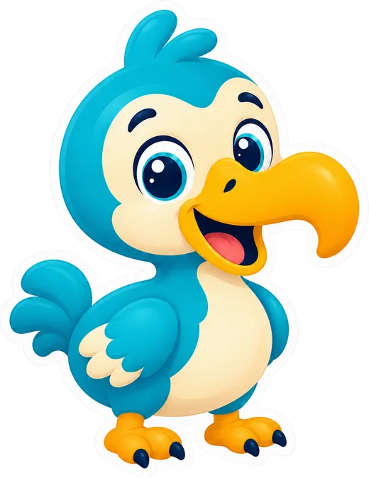 Dodo, das fröhliche türkisfarbene Maskottchen von Mini Dodo