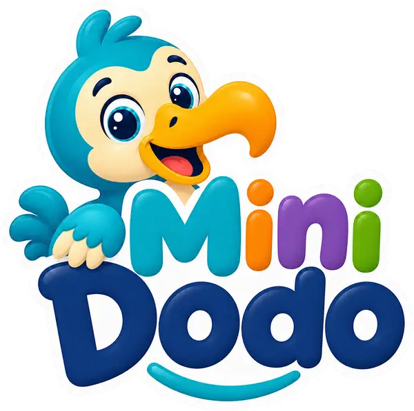 Mini Dodo – ein fröhlicher türkisfarbener Dodo mit dem bunten Mini Dodo-Schriftzug
