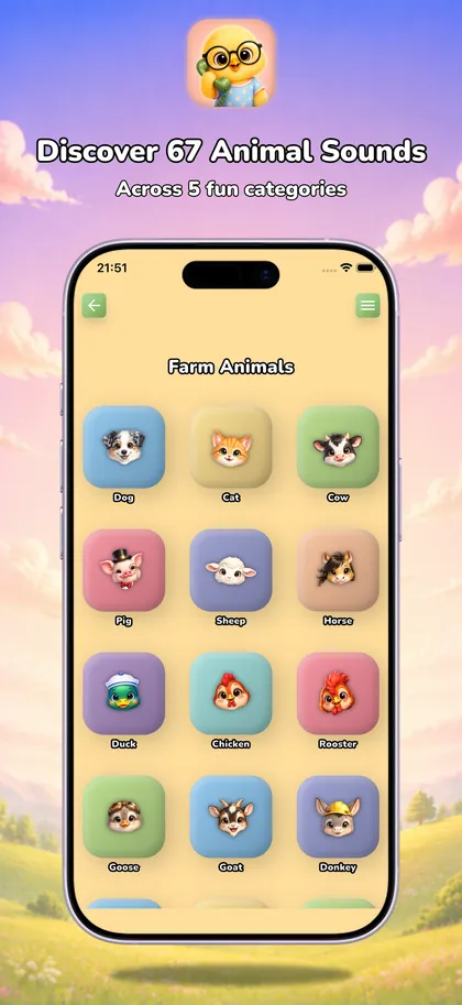 Farm animal library with dog, cat, cow, pig, sheep, horse, duck, chicken, rooster, goose, goat, and donkey