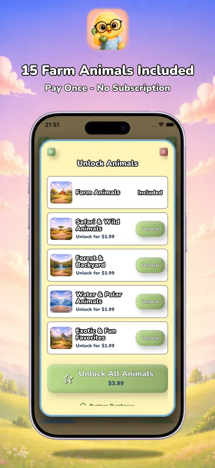 Optional one-time animal packs for safari, forest, water, polar, and exotic categories