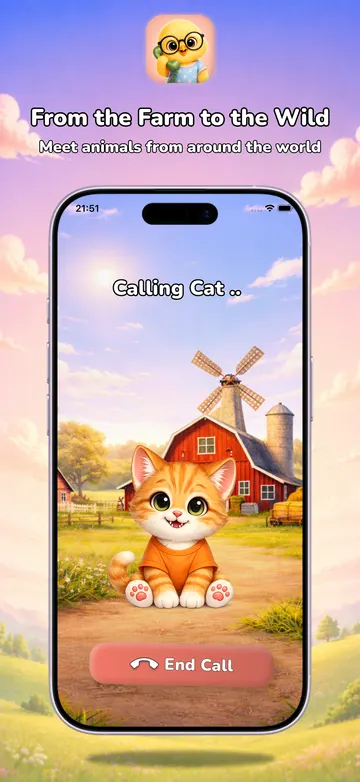 Eine orangefarbene Katzenfigur auf dem Bildschirm eines spielerischen Tieranrufs in Baby Phone