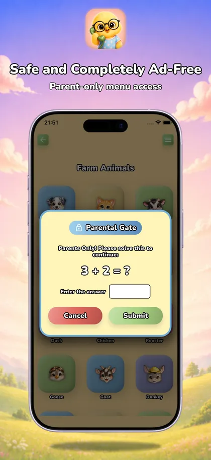 Parental gate with a simple arithmetic challenge for grown-up access